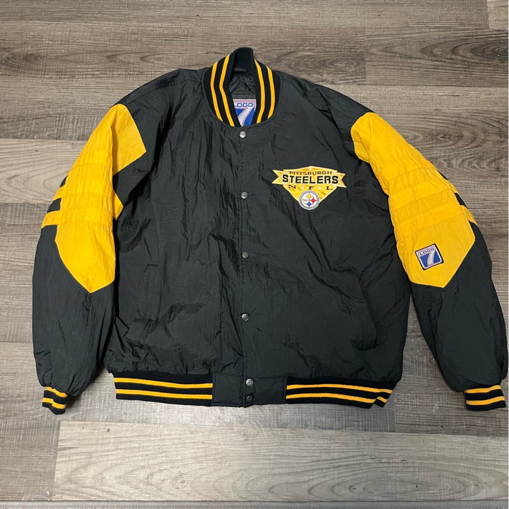 Vintage Logo 7 Pittsburg Steelers Jacket Lettermans Button Up Nylon Sz Xl Puffer
